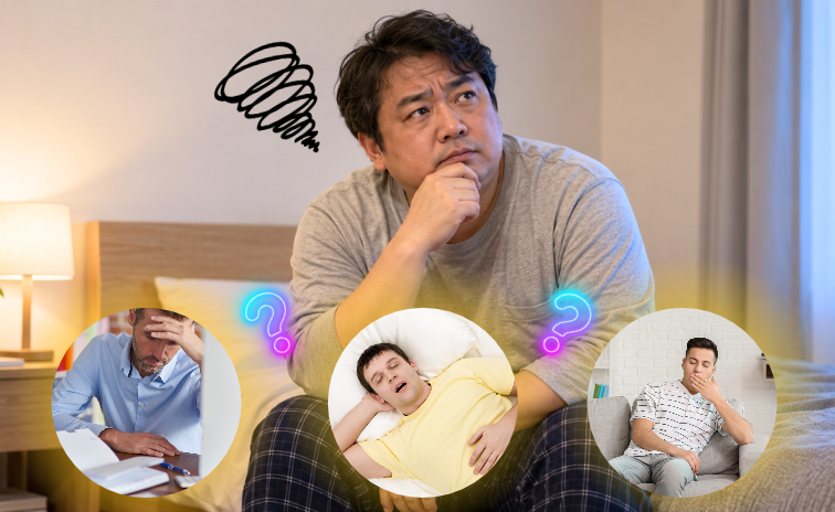 糖尿病と睡眠時無呼吸症候群の関係に悩む男性の様子