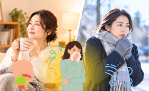 寒暖差アレルギーで咳が出ている女性の様子