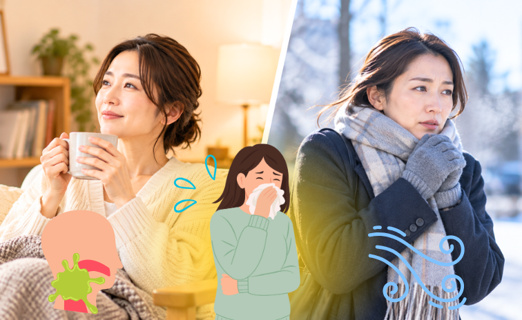 寒暖差アレルギーで咳が出ている女性の様子