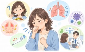 咳が止まらず味が感じにくくなっている女性の様子