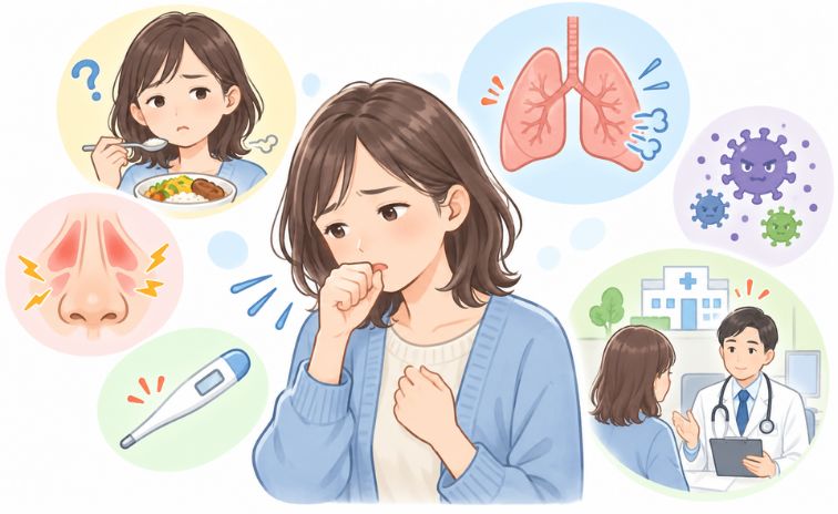 咳が止まらず味が感じにくくなっている女性の様子