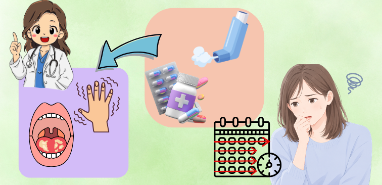 薬の副作用の例と長期間の使用で不安になっている女性の様子